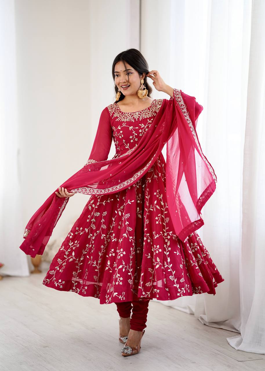 Ethnic Floral Print & Embroidery Anarkali Suit