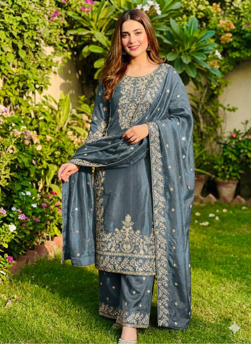 Zari Embroidered Silk Palazzo Suit with Heavy Border Dupatta