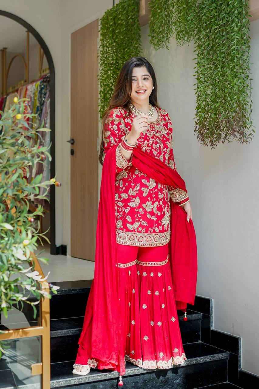Premium Red Ethnic Embroidered Kurta Sharara