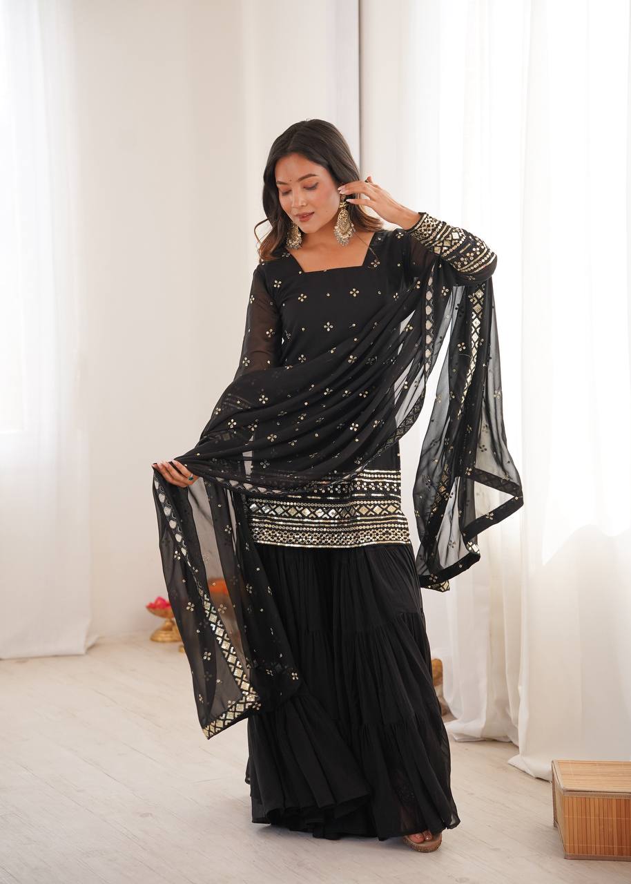 Classic Black Ethnic Kurta Sharara Ensemble