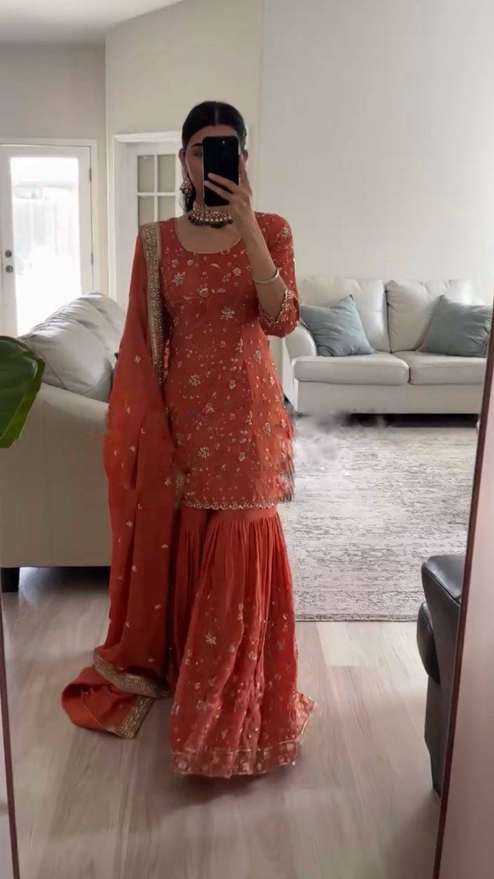 Rust Orange Embroidered Sharara Suit with Dupatta