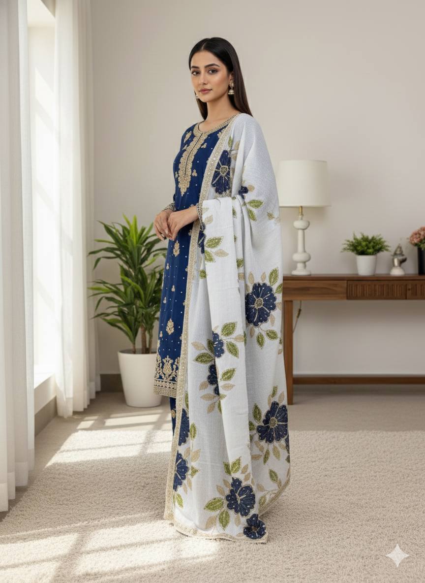Embroidered Straight Kurta Set with Matching Dupatta