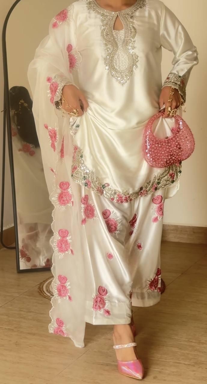 Ivory Silk Kurta Palazzo Set with Heavy Embroidered Dupatta