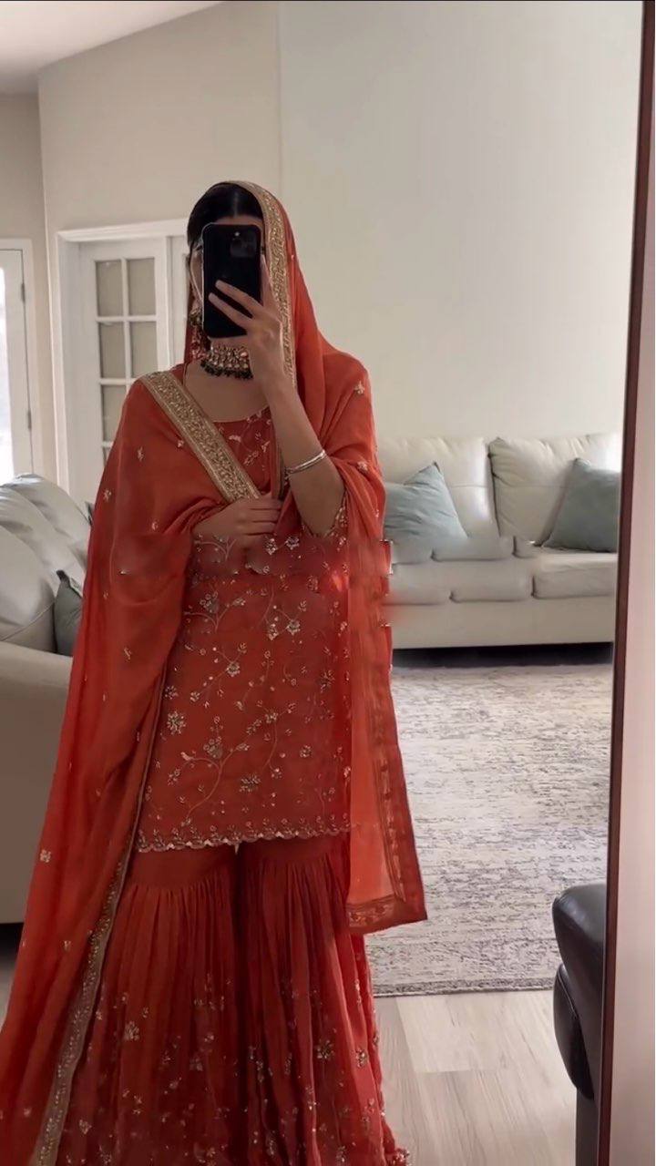 Rust Orange Embroidered Sharara Suit with Dupatta