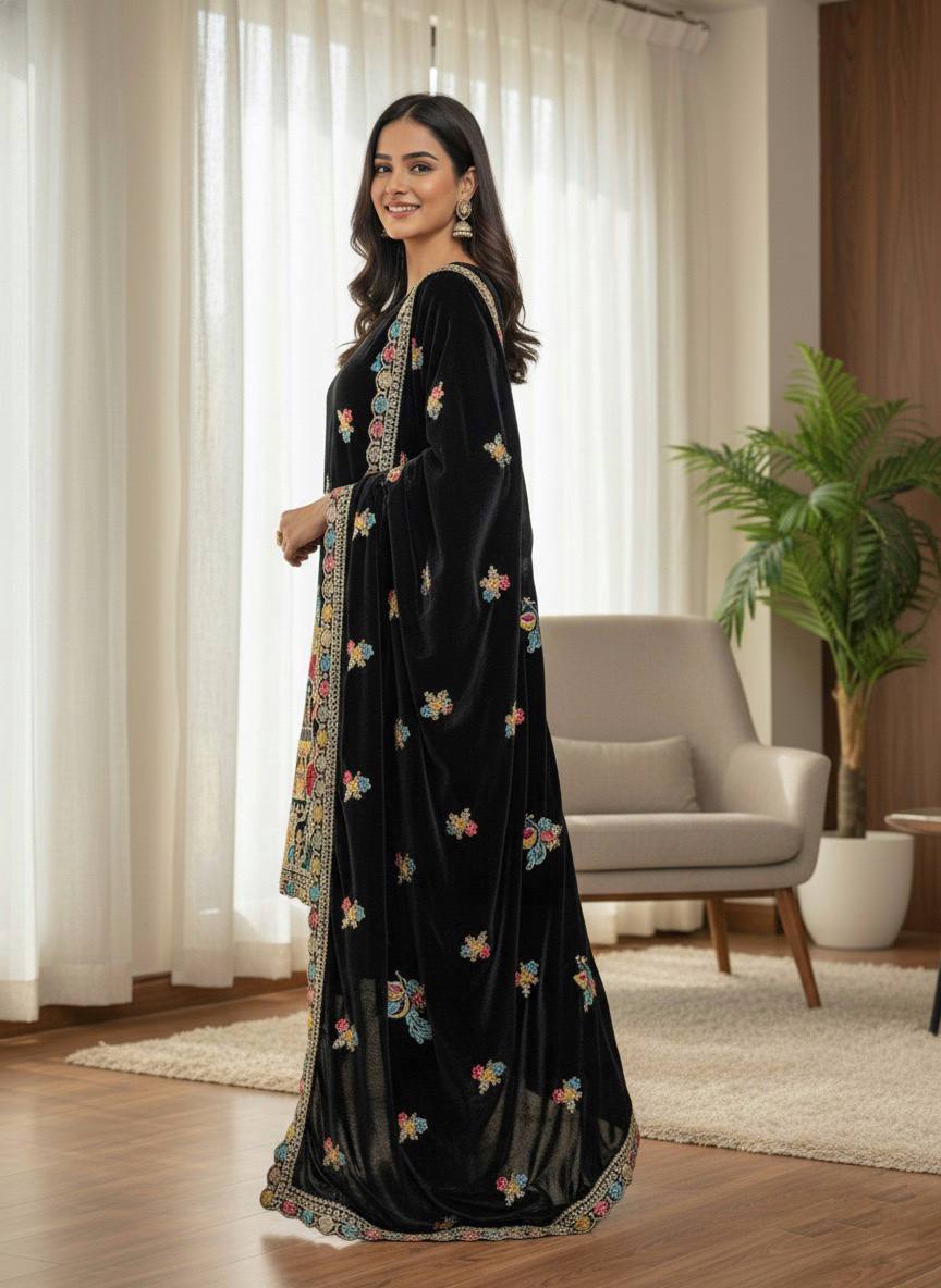 Royal Black Embroidery Work Kurta Pant Dupatta Set