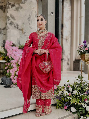 Festive Elegance Deep Red Heavy Work Palazzo Suit