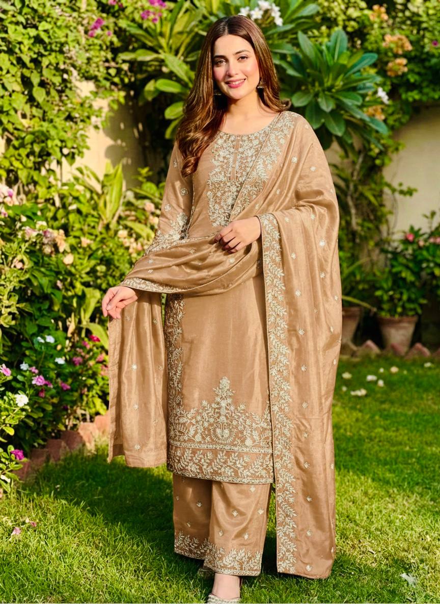 Zari Embroidered Silk Palazzo Suit with Heavy Border Dupatta