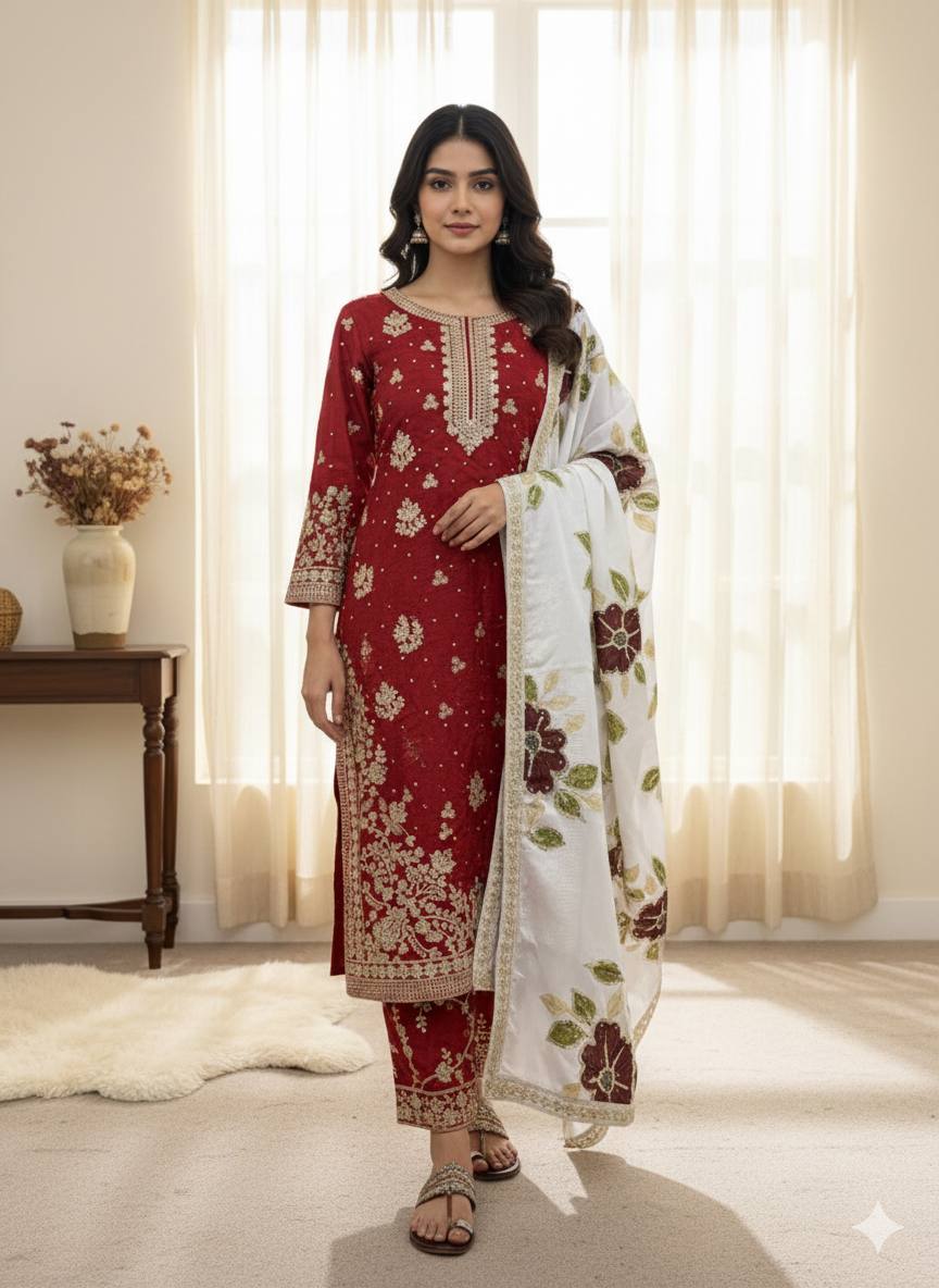 Embroidered Straight Kurta Set with Matching Dupatta