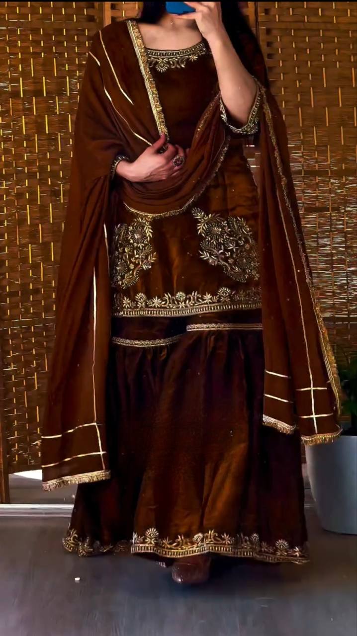 Chocolate Brown Heavy Embroidery Sharara Set