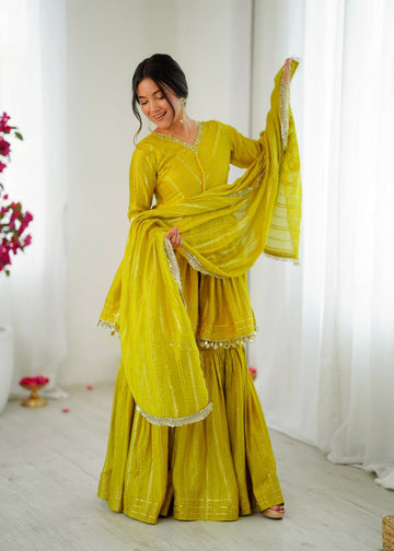 Festive Wear Gold-Stripe Kurta Sharara Set