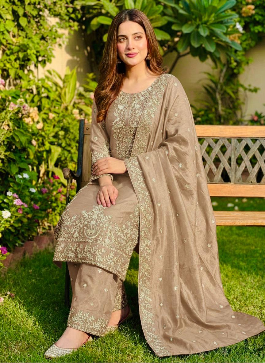Zari Embroidered Silk Palazzo Suit with Heavy Border Dupatta