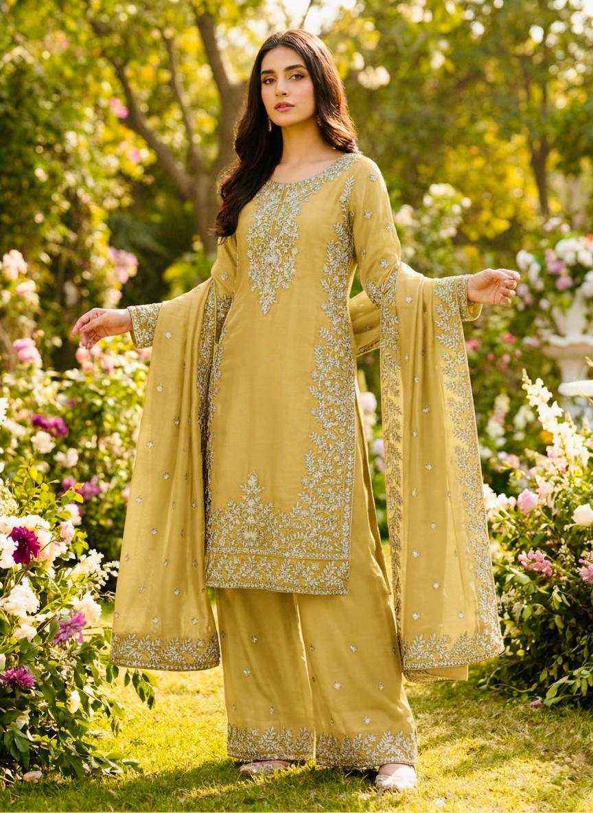 Zari Embroidered Silk Palazzo Suit with Heavy Border Dupatta