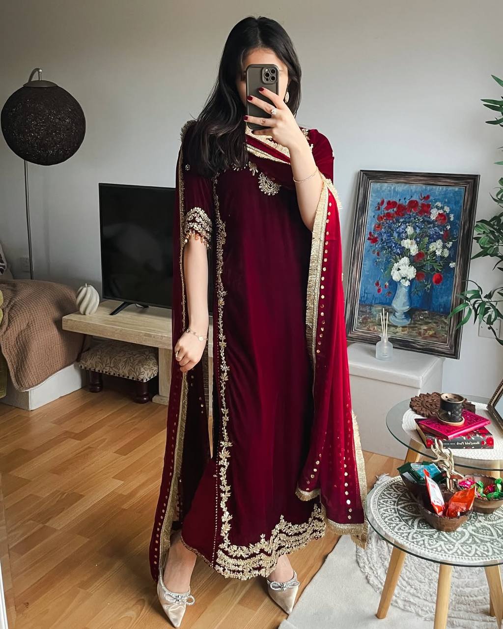 Classic Maroon Velvet Party Wear Kurta Set