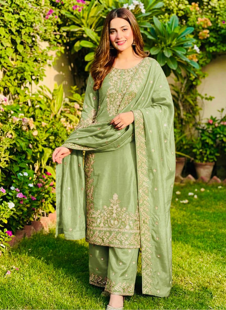 Zari Embroidered Silk Palazzo Suit with Heavy Border Dupatta