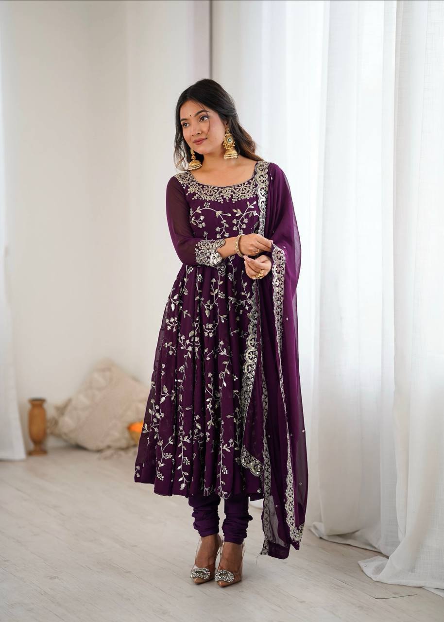 Ethnic Floral Print & Embroidery Anarkali Suit