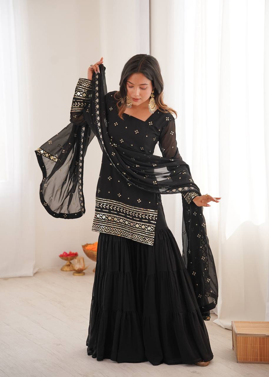 Classic Black Ethnic Kurta Sharara Ensemble