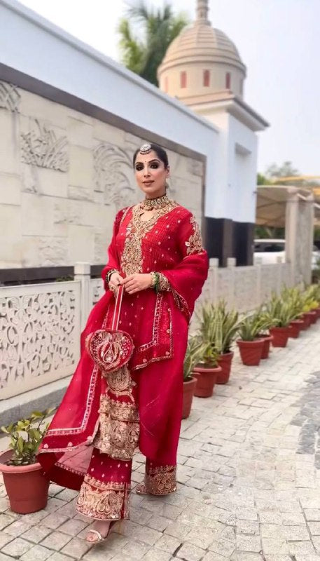 Festive Elegance Deep Red Heavy Work Palazzo Suit