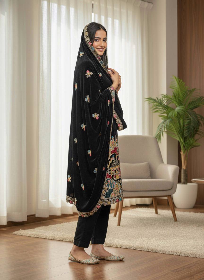 Royal Black Embroidery Work Kurta Pant Dupatta Set