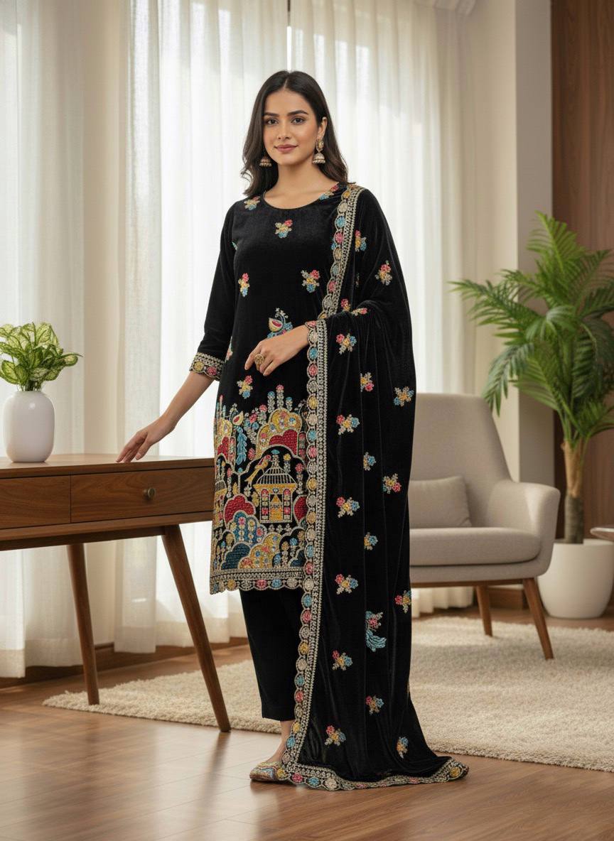 Royal Black Embroidery Work Kurta Pant Dupatta Set