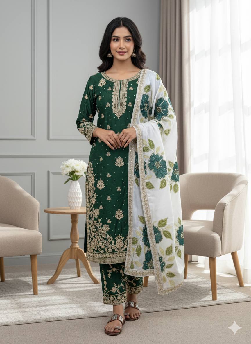 Embroidered Straight Kurta Set with Matching Dupatta