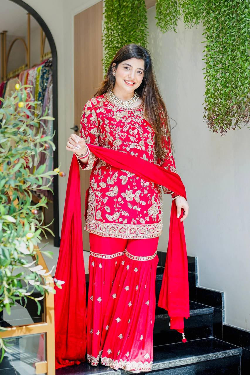 Premium Red Ethnic Embroidered Kurta Sharara