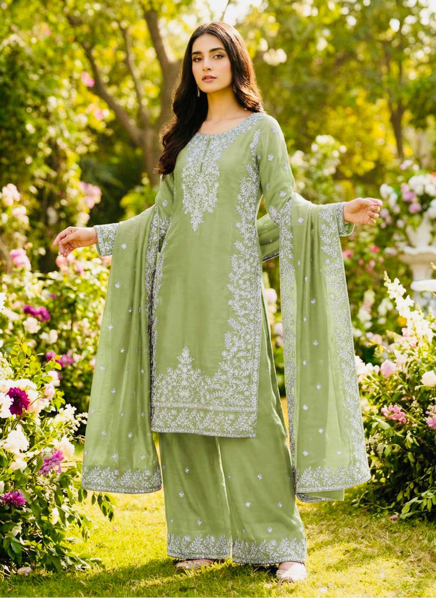 Zari Embroidered Silk Palazzo Suit with Heavy Border Dupatta