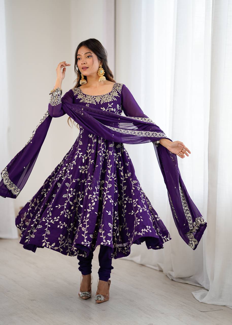 Ethnic Floral Print & Embroidery Anarkali Suit