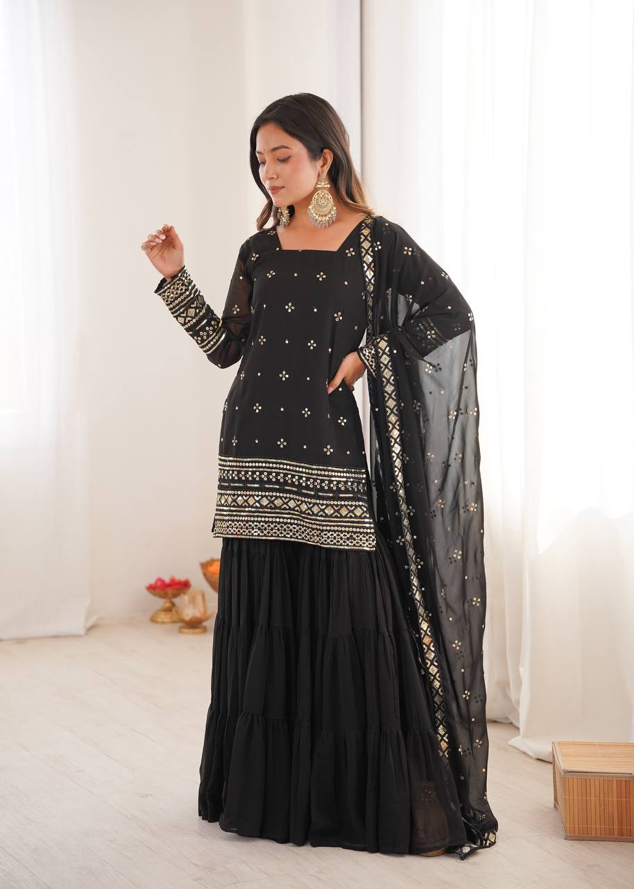 Classic Black Ethnic Kurta Sharara Ensemble