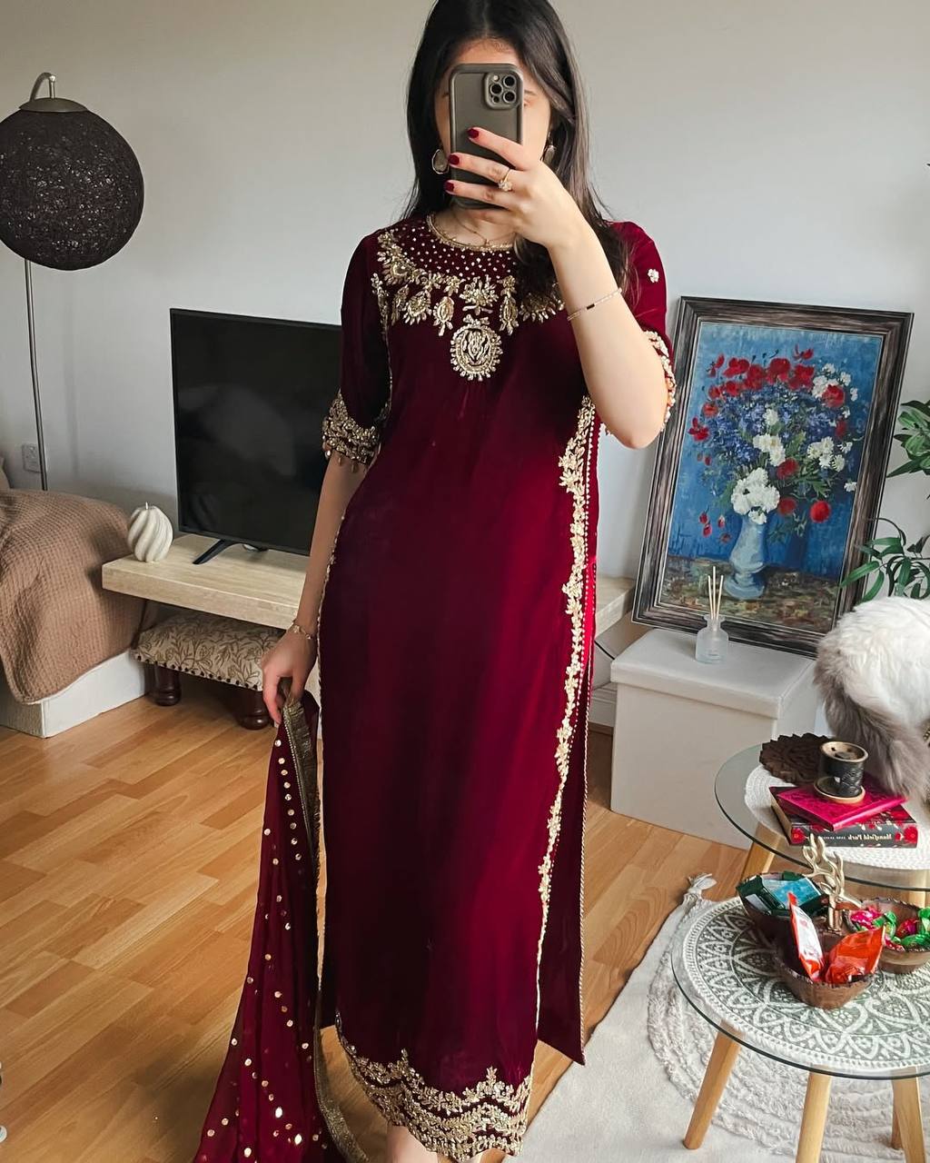 Classic Maroon Velvet Party Wear Kurta Set