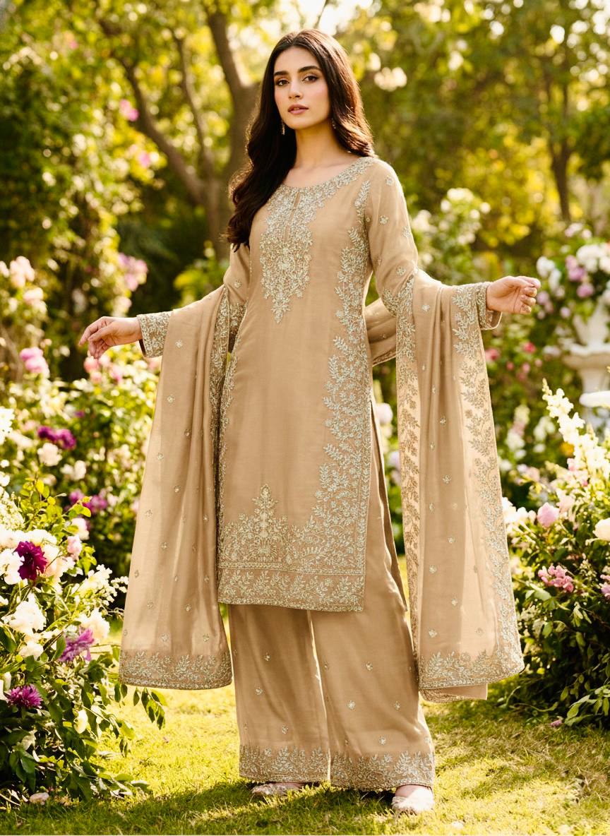 Zari Embroidered Silk Palazzo Suit with Heavy Border Dupatta