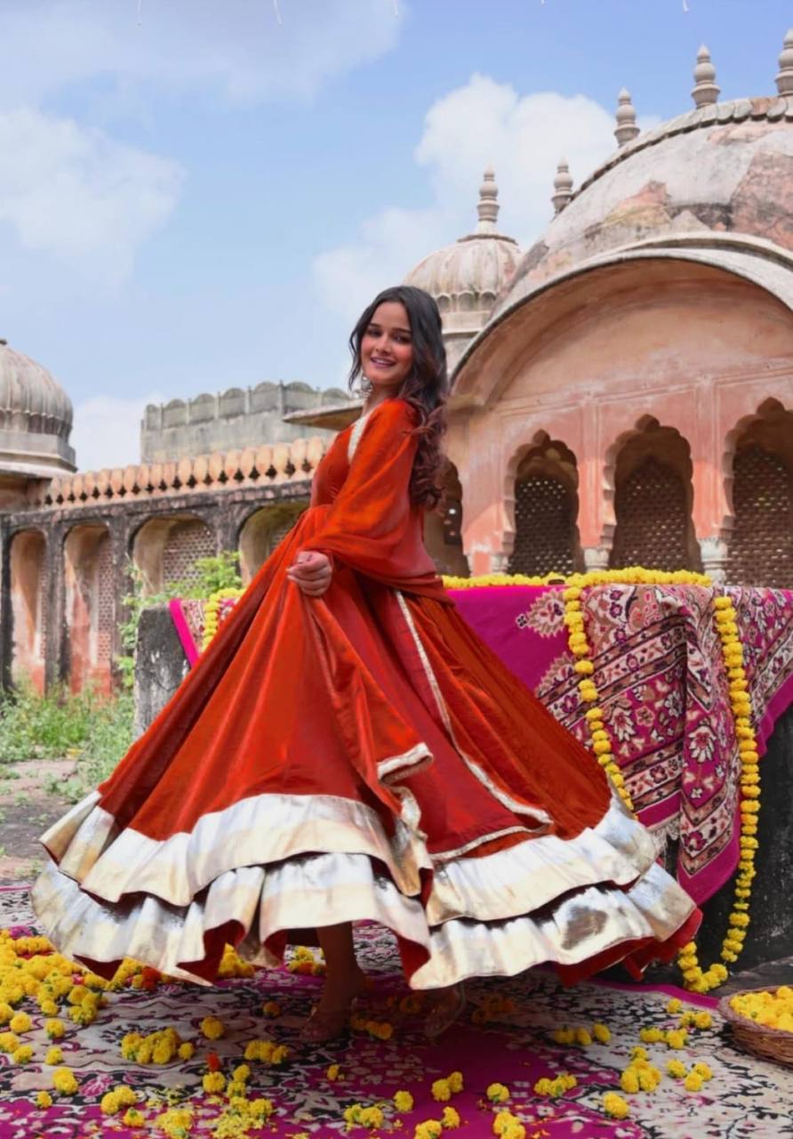 Rust Orange Silk Anarkali Suit with Gold Border Dupatta