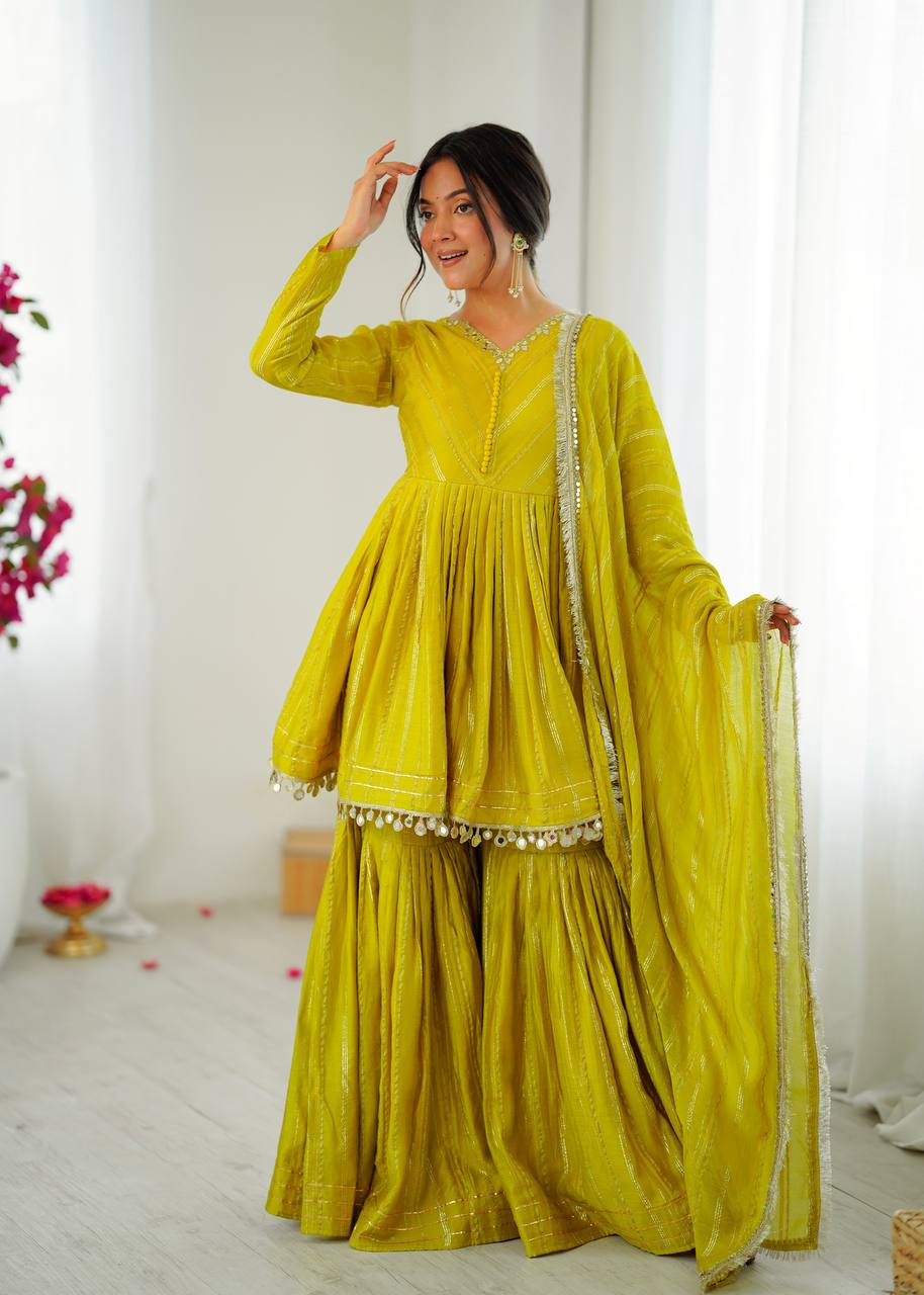 Festive Wear Gold-Stripe Kurta Sharara Set