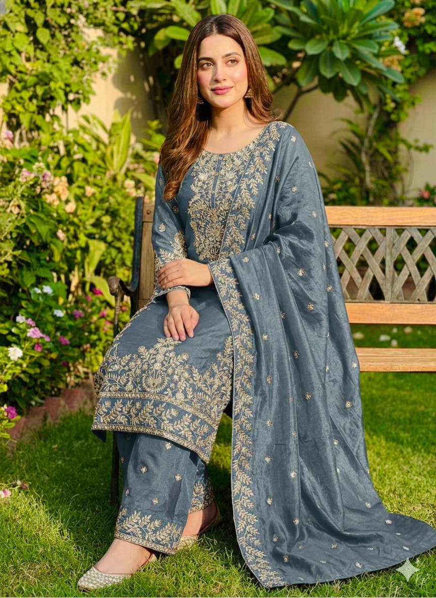 Zari Embroidered Silk Palazzo Suit with Heavy Border Dupatta