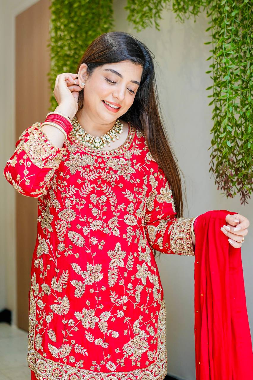 Premium Red Ethnic Embroidered Kurta Sharara