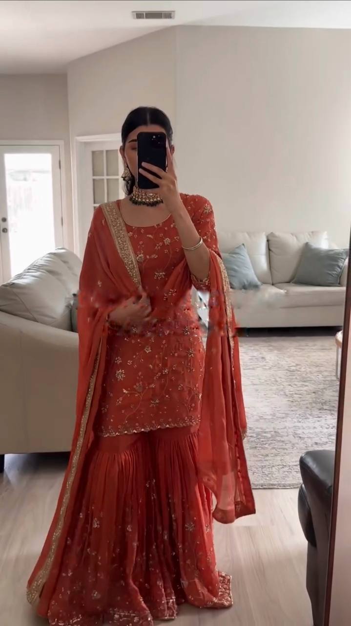 Rust Orange Embroidered Sharara Suit with Dupatta
