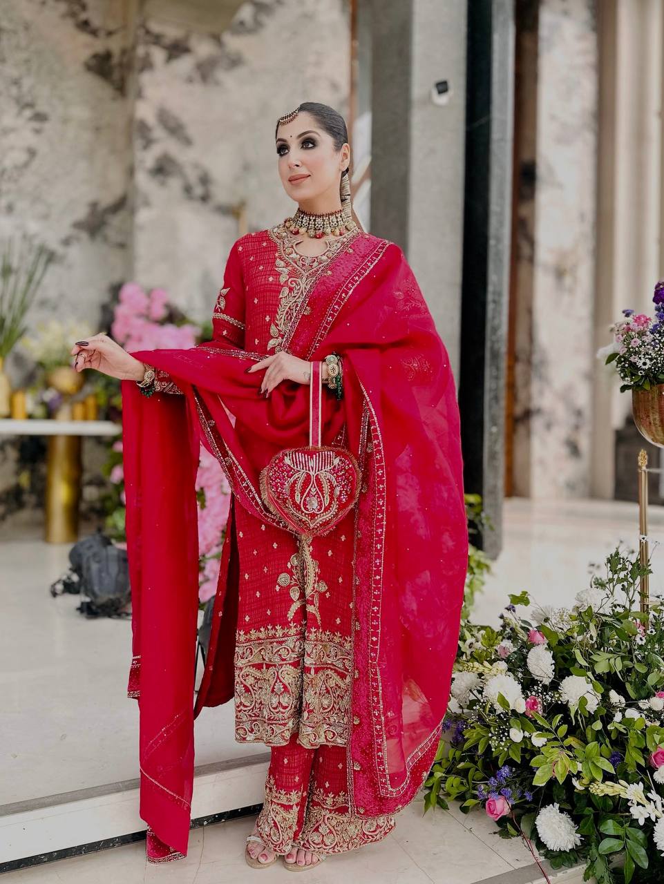 Festive Elegance Deep Red Heavy Work Palazzo Suit