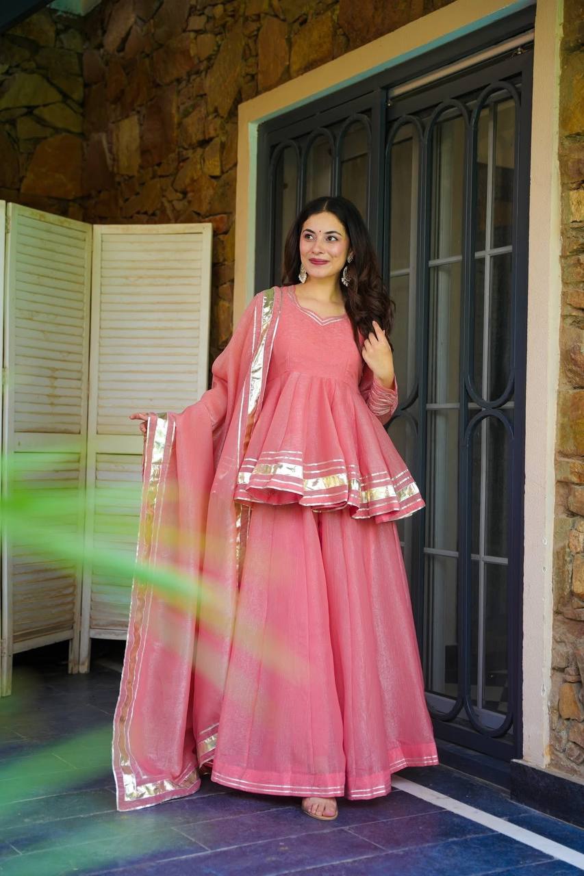 Organza/Chanderi Pink Short Anarkali with Gota Patti Skirt