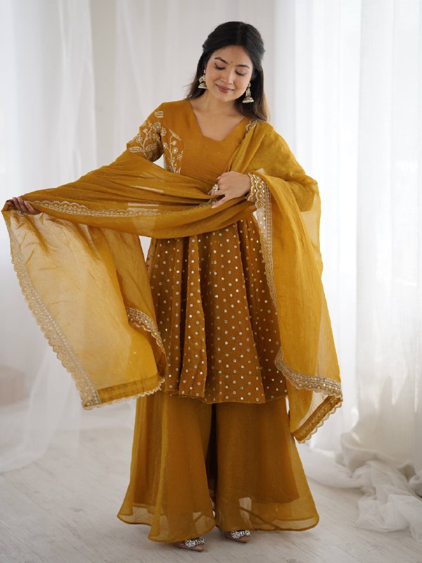Designer Bandhani Dot Print Kurta with Wide-Leg Pants & Dupatta