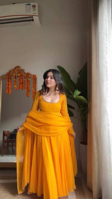 Mustard Yellow Full-Sleeve Anarkali Gown with Embroidered Neckline