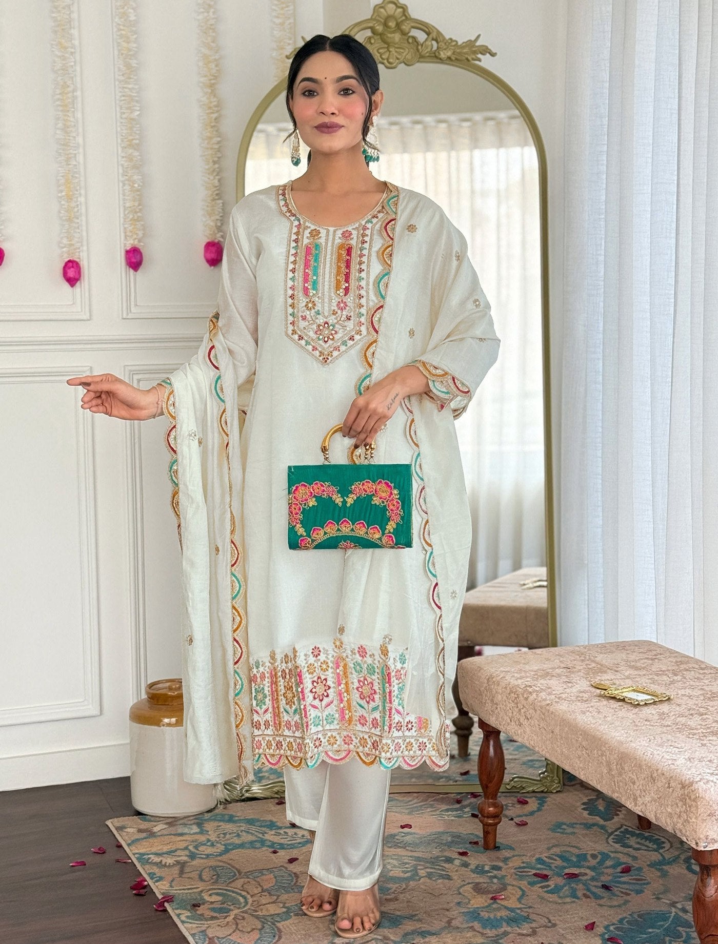 Designer Off-White Straight Cut Kurta Pant and Dupatta Set