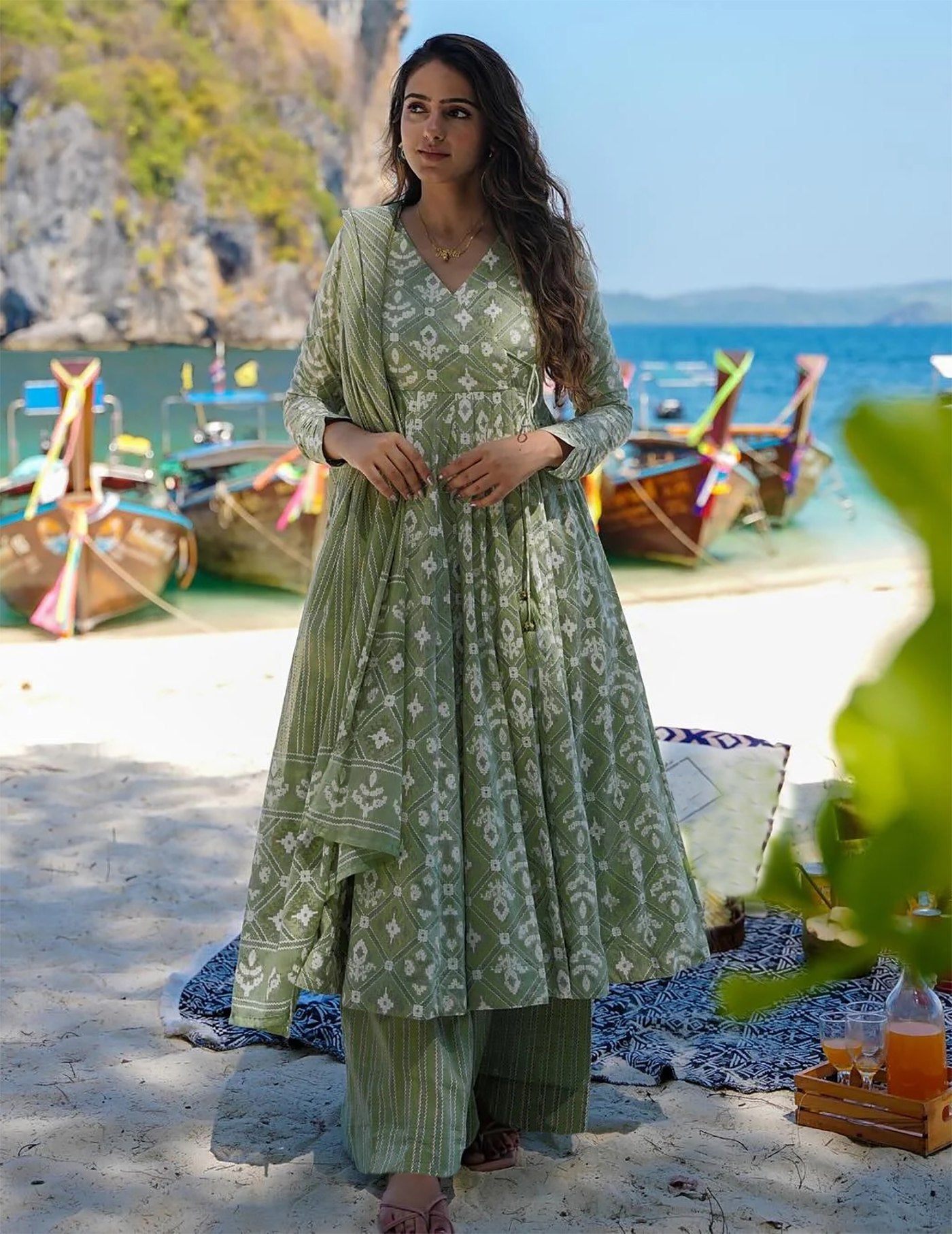 Women's Green Printed Rayon/Cotton Anarkali with Palazzo and Dupatta