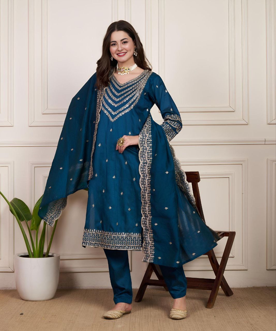 Ethnic V-Neck Chanderi Silk Kurta Set with Matching Dupatta