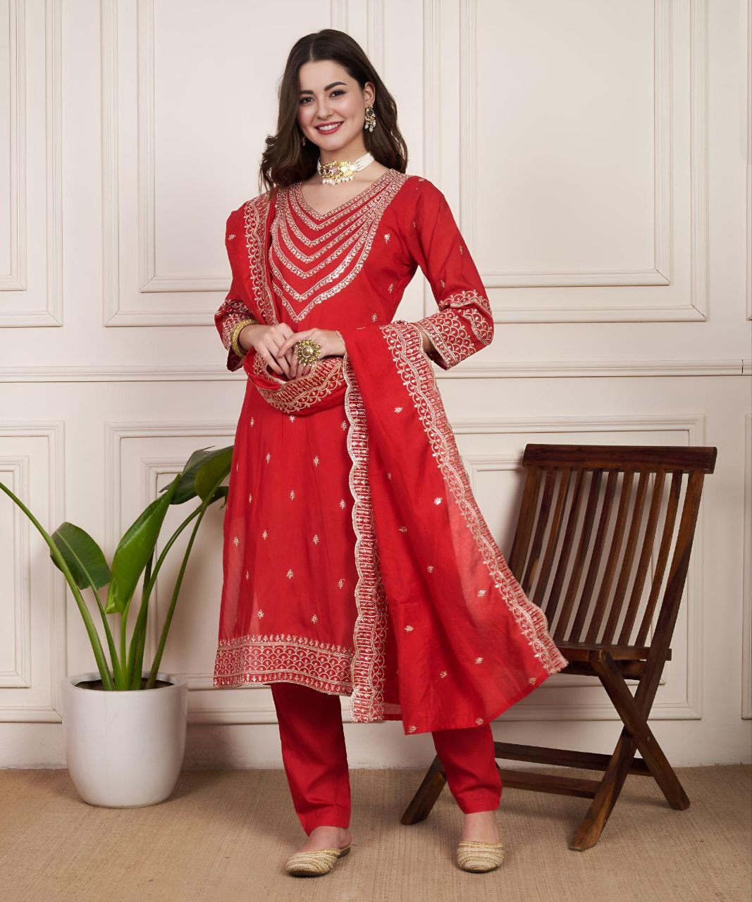 Ethnic V-Neck Chanderi Silk Kurta Set with Matching Dupatta