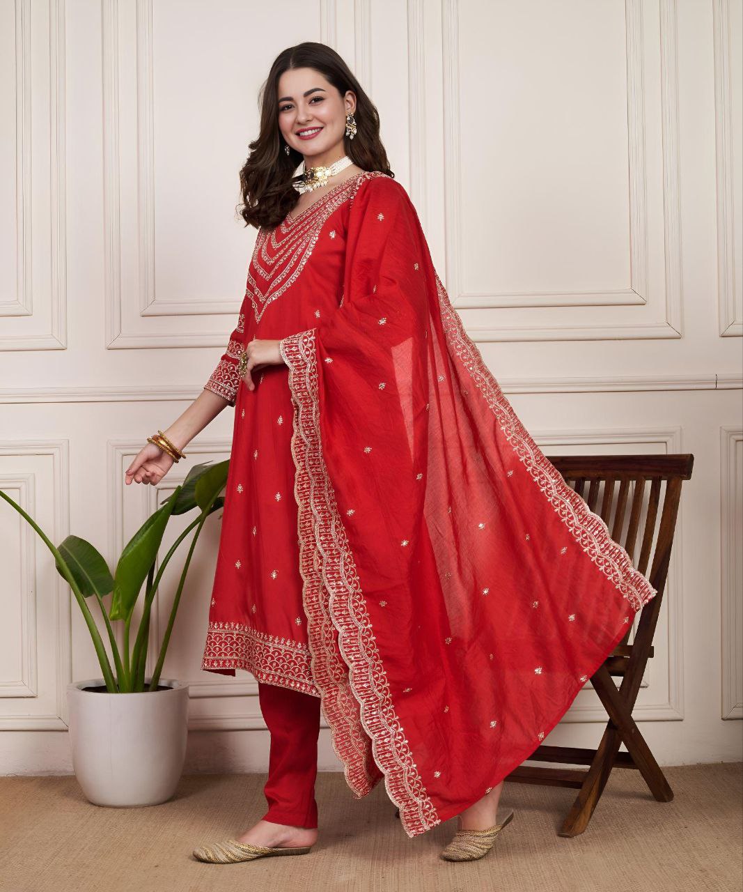 Ethnic V-Neck Chanderi Silk Kurta Set with Matching Dupatta