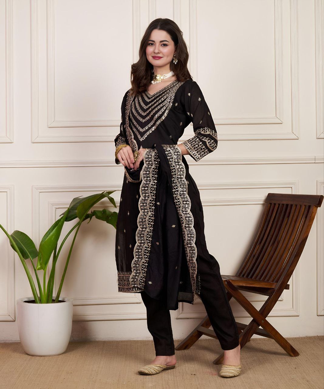 Ethnic V-Neck Chanderi Silk Kurta Set with Matching Dupatta