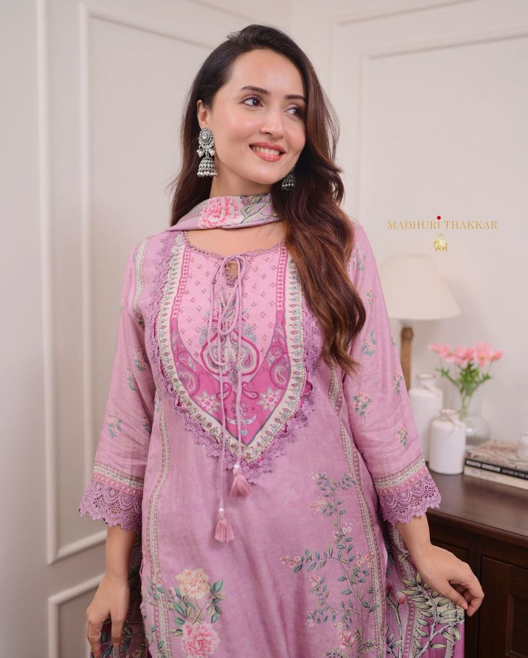 Lavender Floral Print and Embroidered Kurta Set with Dupatta