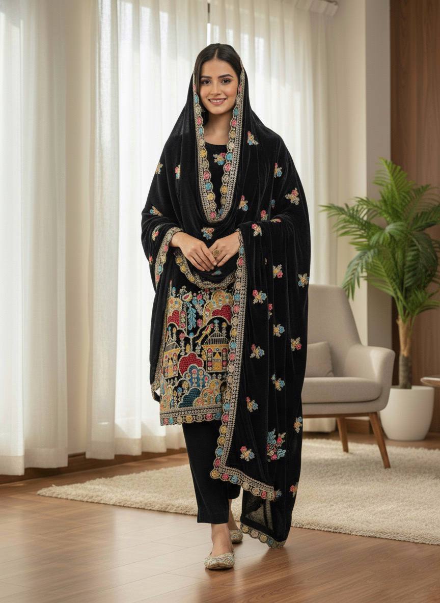 Royal Black Embroidery Work Kurta Pant Dupatta Set