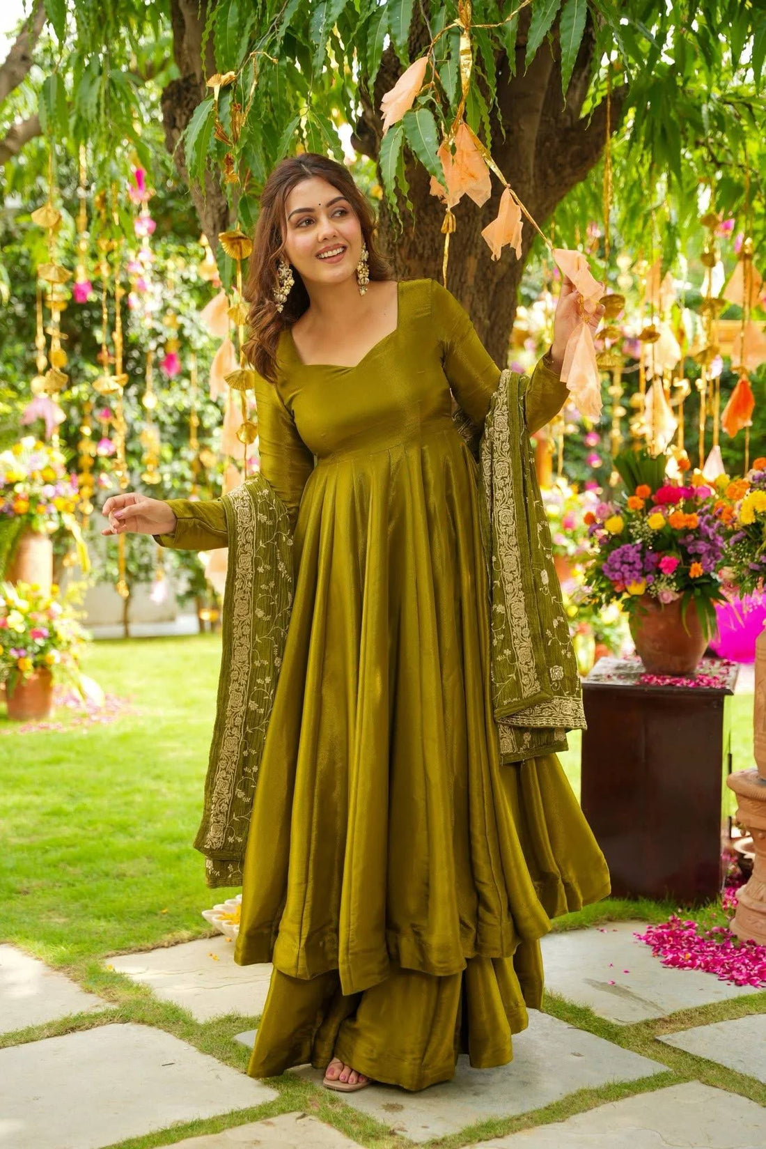 Mustard/Olive Green Tiered Anarkali Suit Set with Sharara and Heavy Dupatta