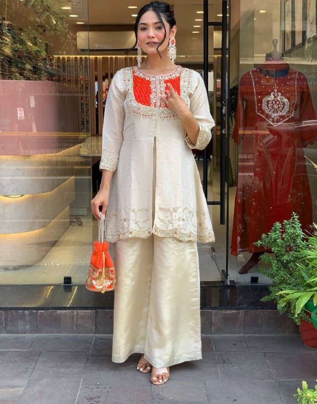 Roman Shimmer Silk With Embroidery Coding Sequence Work With Beads Co-ord Sets