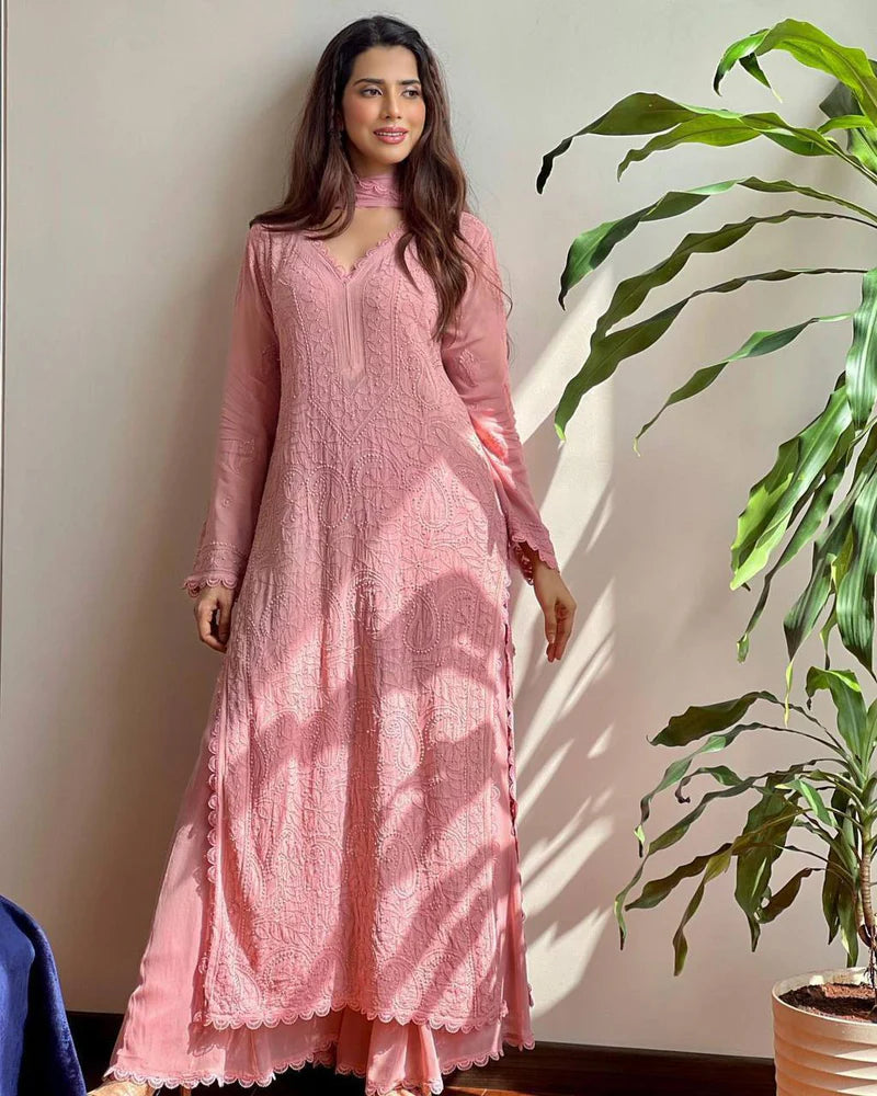 Trending faux georgette top cotton thread embroidered work and work plazo with dupatta